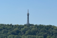 Distant view of Petřín Tower, modelled on Eiffel's tower.